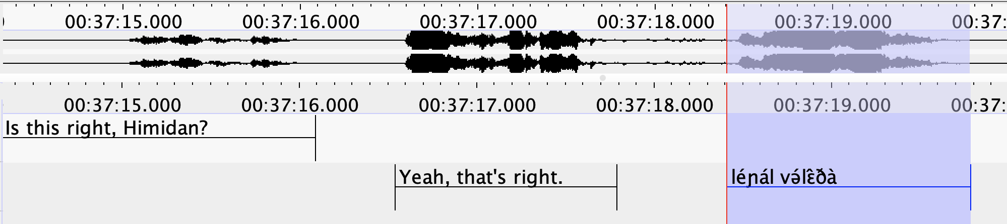 Bilingual conversation in annotated ELAN. Typically only Tira (highlighted) would be transcribed